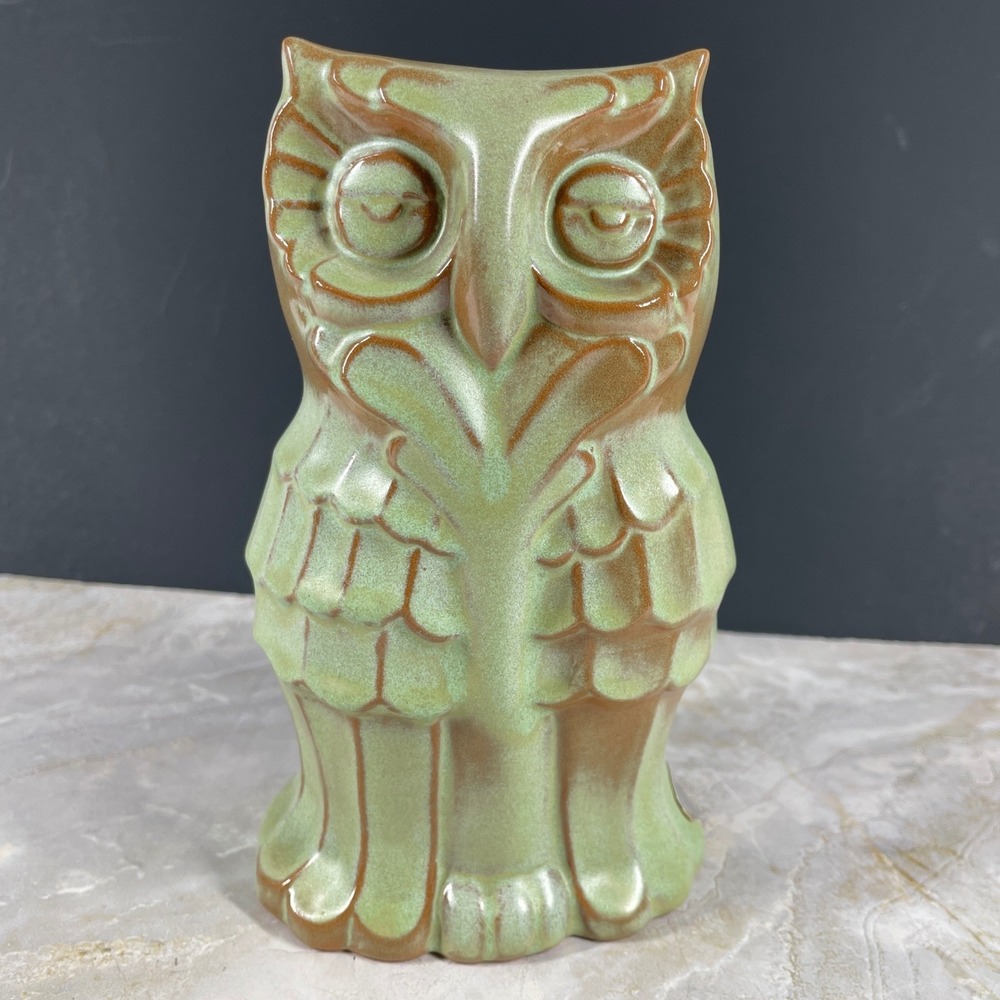 Frankoma Pottery Owl Coin Bank Sage Green Desert Gold Mid Century Modern Retro